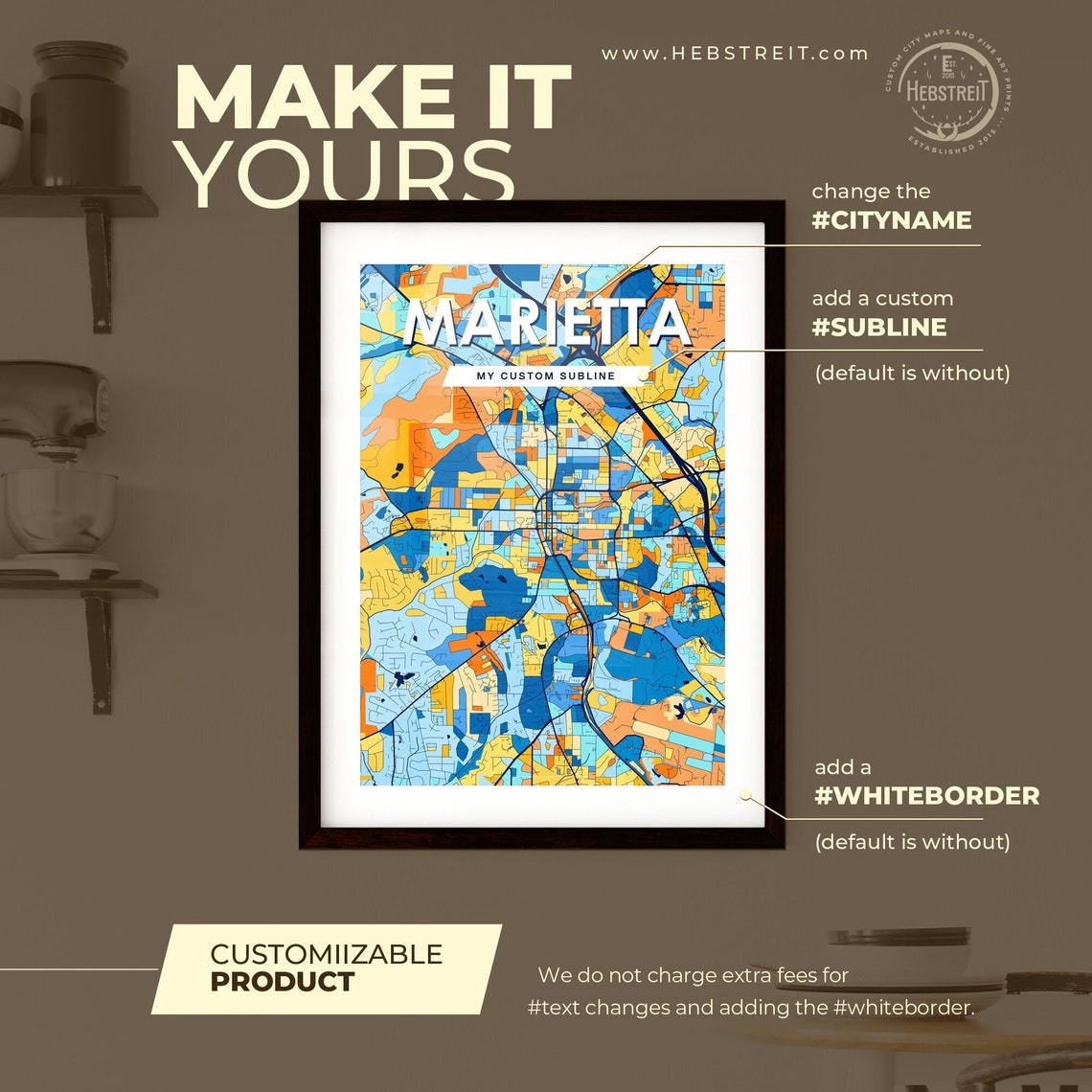 Marietta Georgia Vibrant Stylized Blue and Orange City Map Poster - Image 2