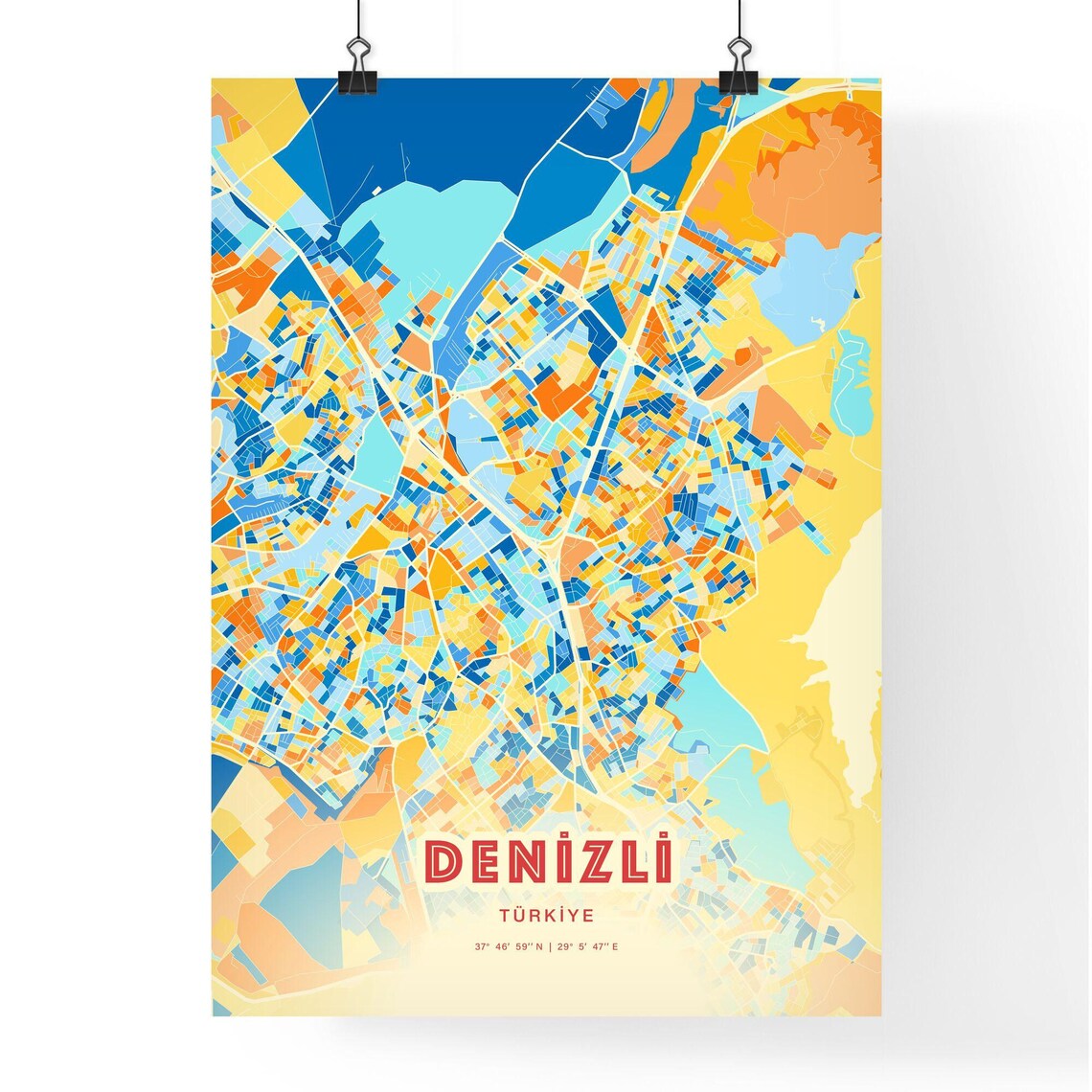 Denizli Turkey Colorful Blue Orange Abstract City Map Art Poster - Image 3