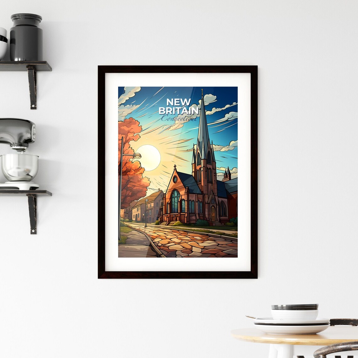 New Britain Connecticut Church Spire Cobblestone Street Poster - Image 2