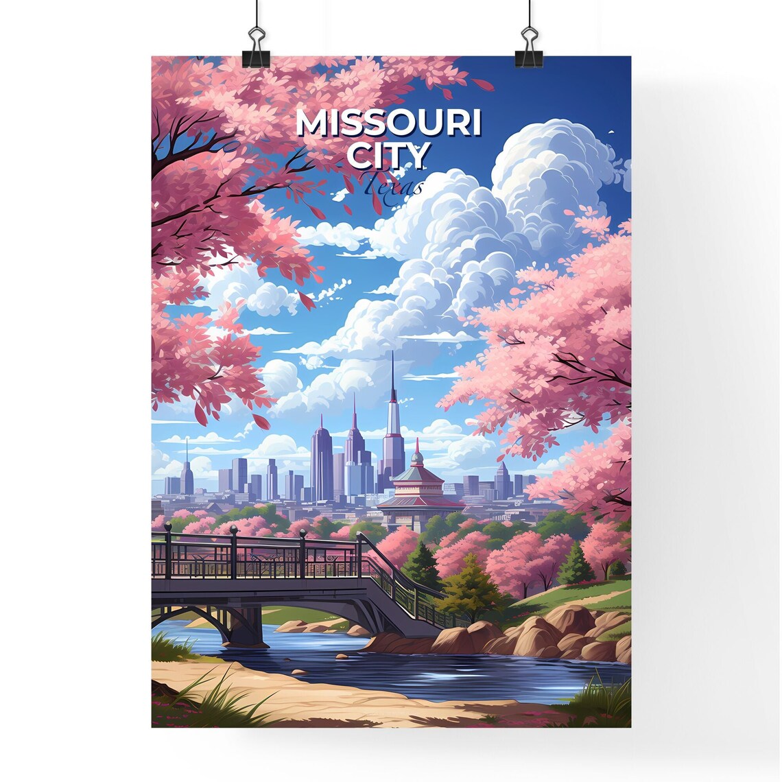 Missouri City Texas Cherry Blossom Bridge Skyline Travel Poster - Image 4