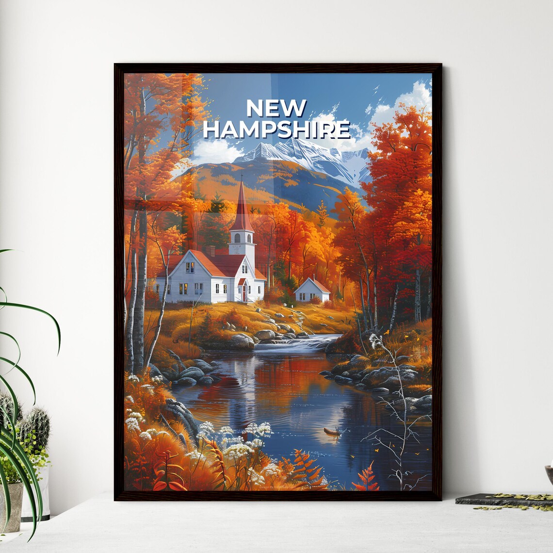 New Hampshire Autumn Church River Fall Foliage Painting Poster