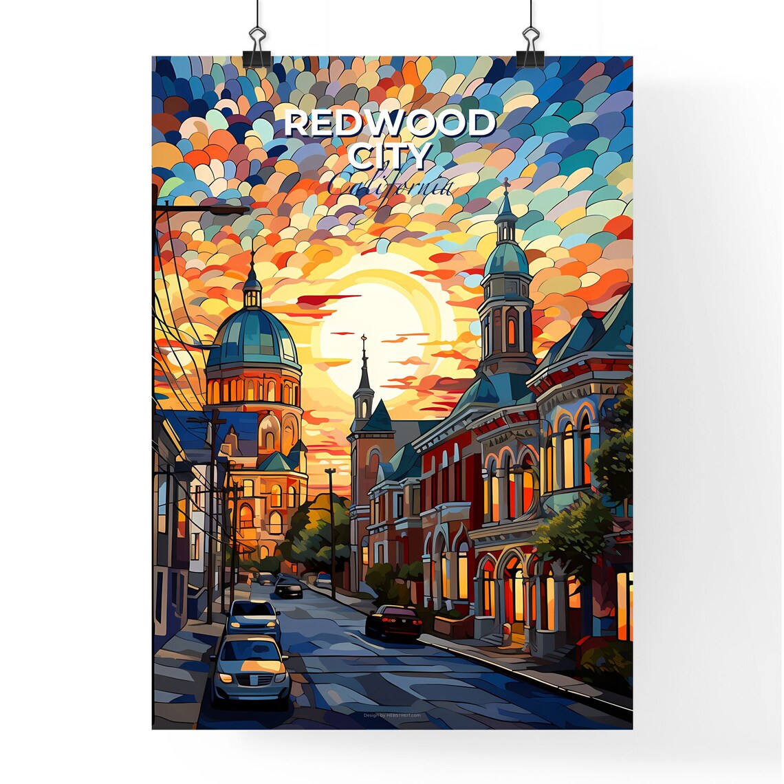 Redwood City California Downtown Sunset Mosaic Sky Travel Poster - Image 4