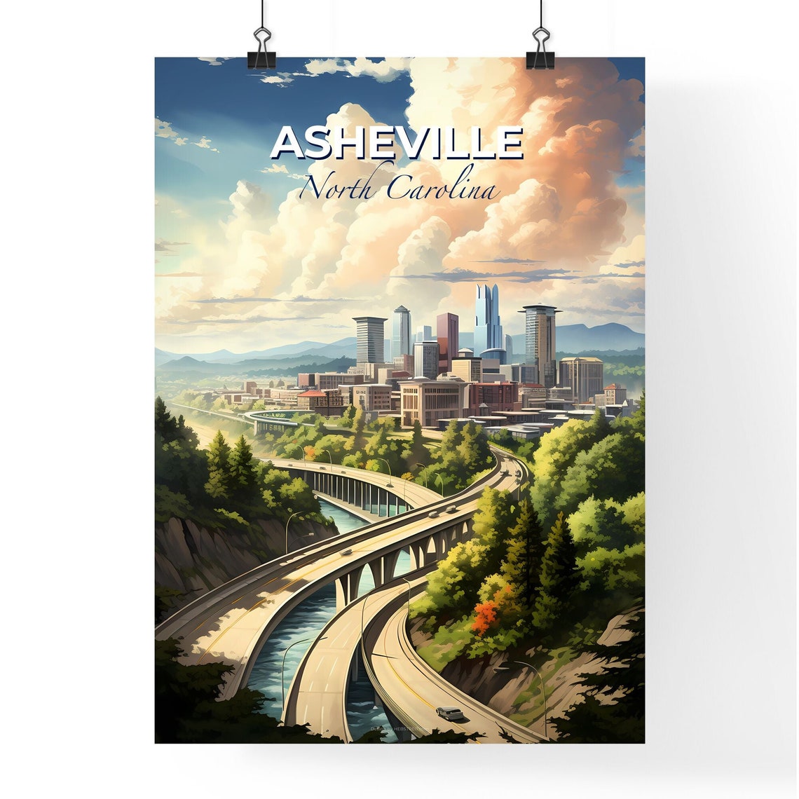Asheville North Carolina Skyline Highway Overpass View Travel Poster - Image 4