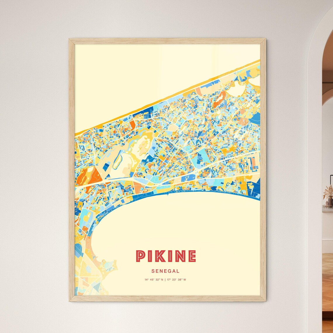 Pikine Senegal City Map Abstract Blue Orange Modern Art Print