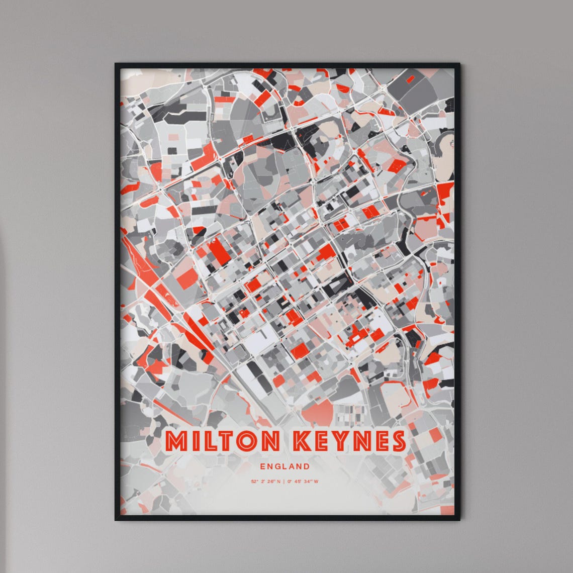 Milton Keynes England Modern Red Expressive City Map Art Poster