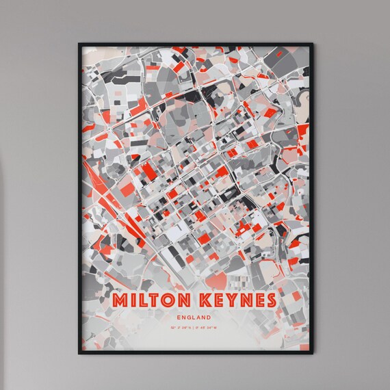 Milton Keynes England Modern Red Expressive City Map Art Poster