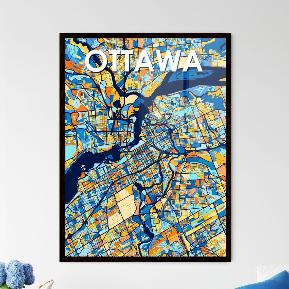 Ottawa Canada Bold City Map Art Poster in Navy Orange and Yellow