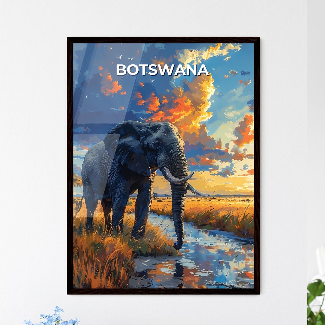 Botswana Africa Vibrant Painting Elephant Marsh Artwork Travel Destinations Customizable
