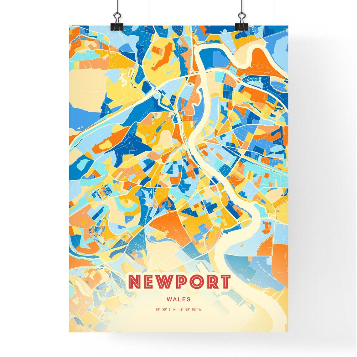 Newport Wales Bold Colorful Blue Orange Fine Art City Map Poster - Image 3