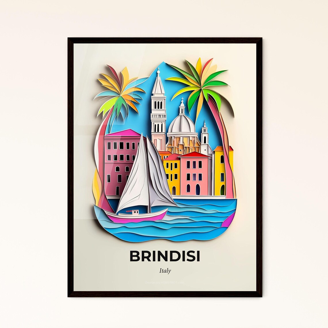 Brindisi Italy Colorful Paper Cut Sailboat and Church Poster