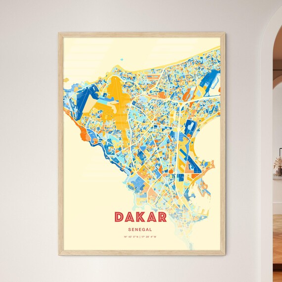 Dakar Senegal Colorful Blue and Orange City Street Map Poster