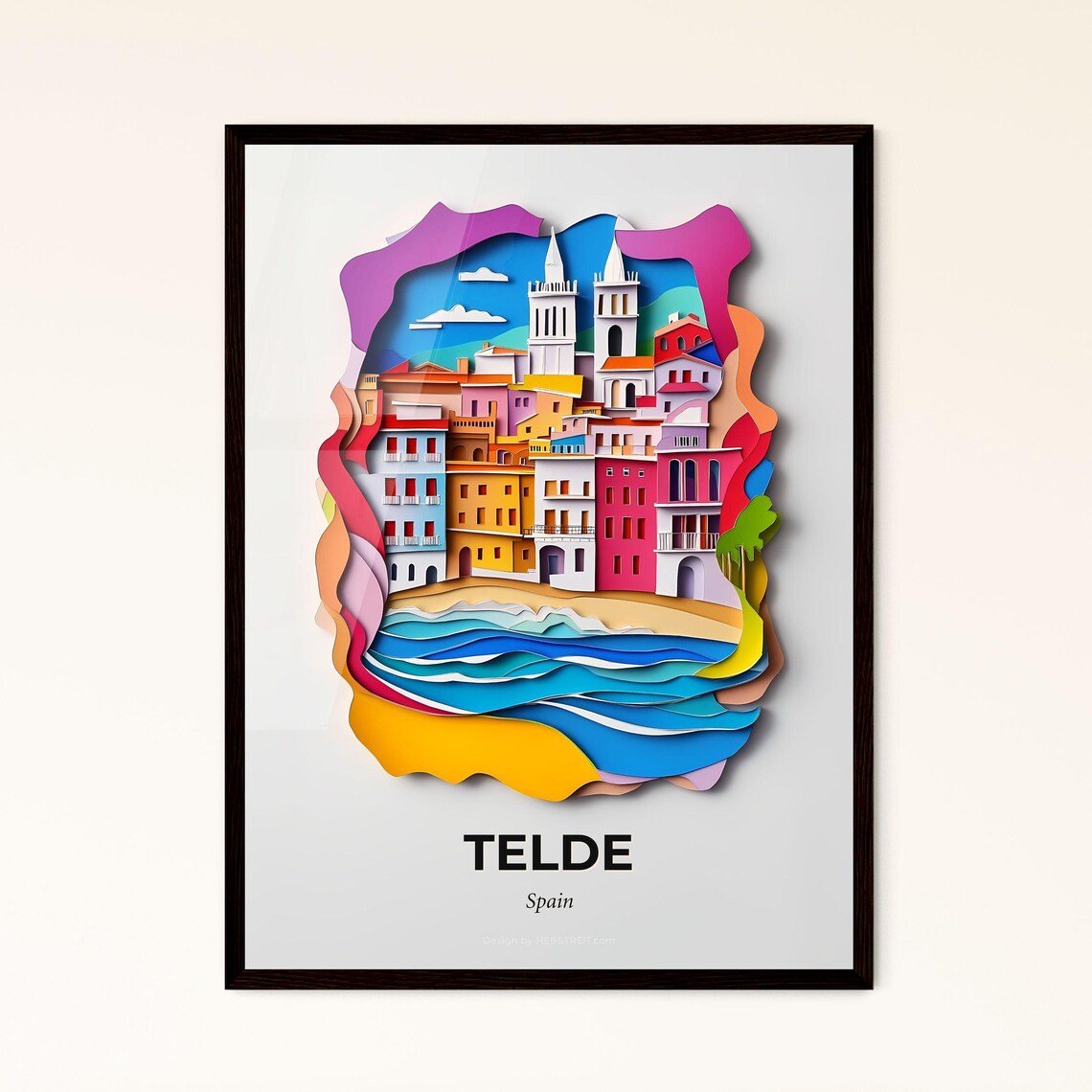 Telde Spain Beach Waves Twin Church Towers Paper Cut Art Poster