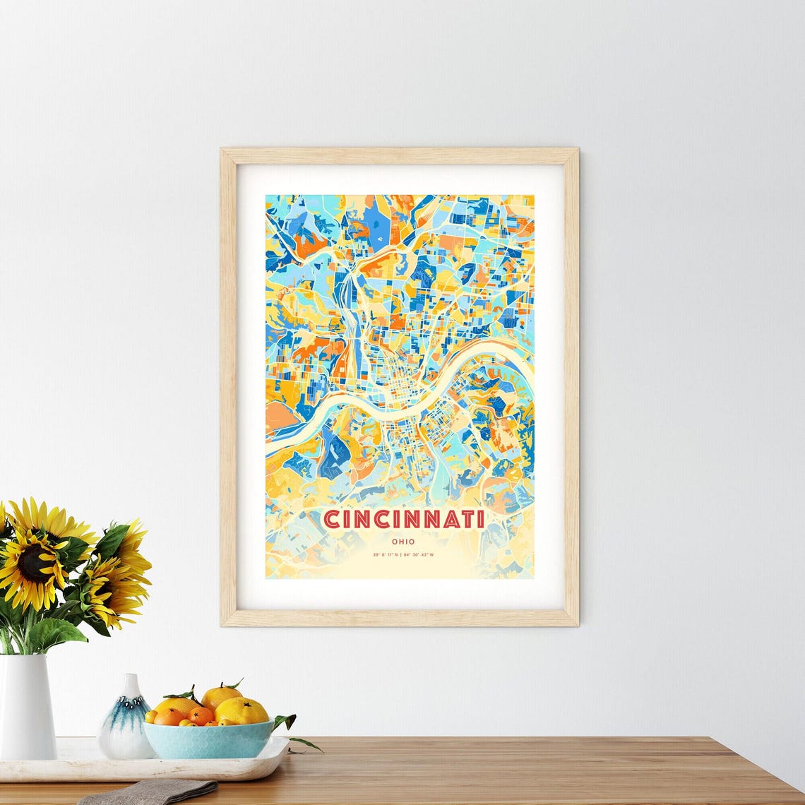 Cincinnati Ohio Vibrant Blue Orange City Map Art Poster Decor - Image 2