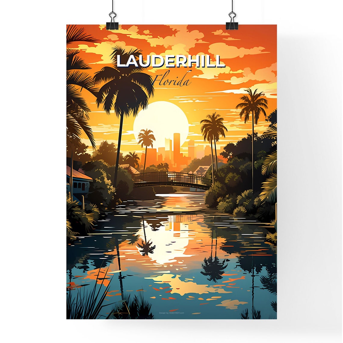 Lauderhill Florida Golden Sunset River Palm Trees Bridge Poster - Image 4