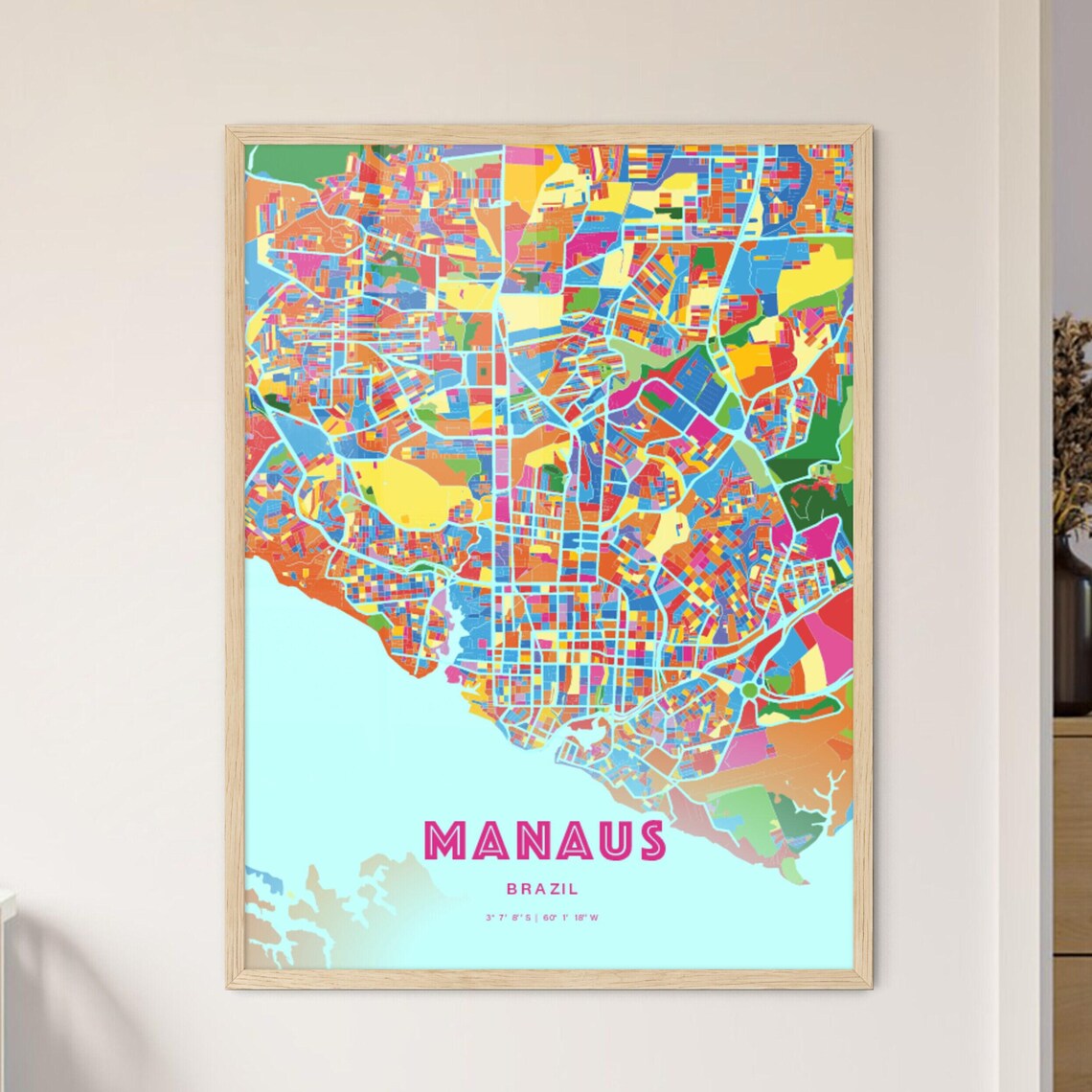 Manaus Brazil Modern Crazy Colorful Mosaic City Map Art Poster