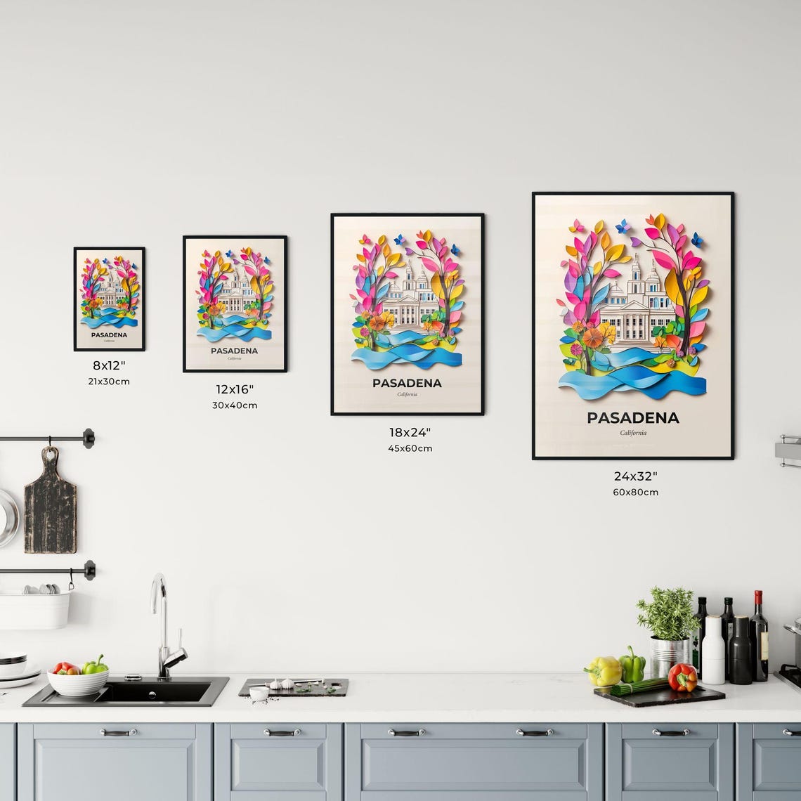 Pasadena California City Hall Colorful Vivid Paper Cut Art Poster - Image 3