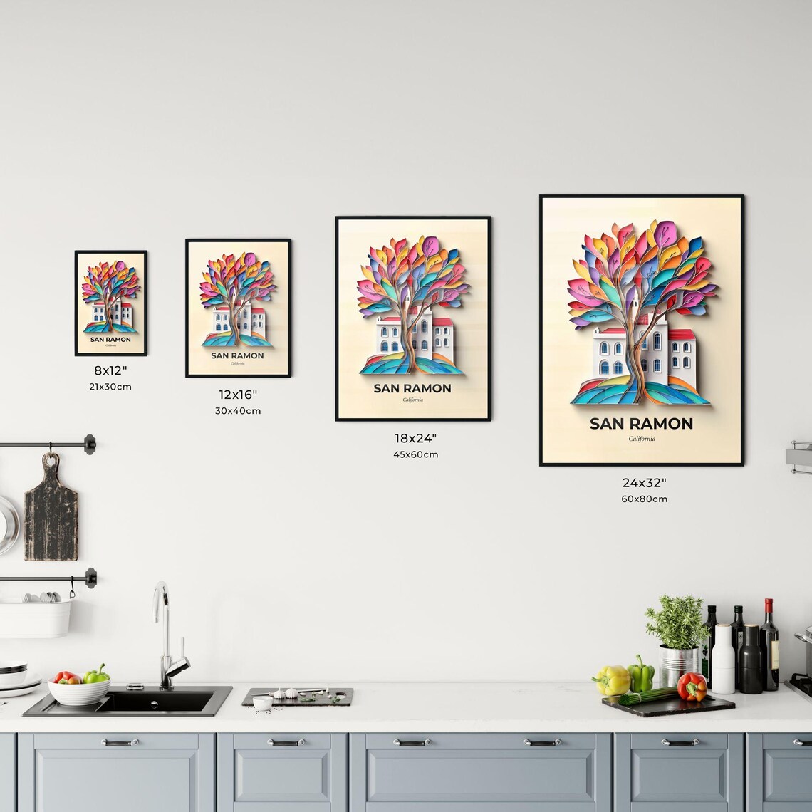 San Ramon California Colorful Paper Cut Tree House Travel Poster - Image 3