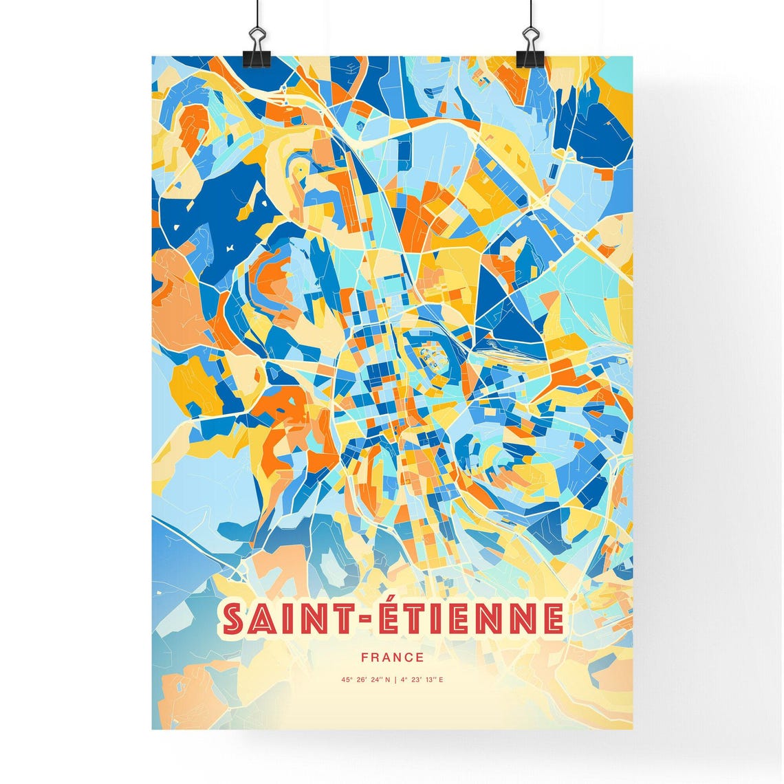 Saint Etienne France Colorful Blue Orange Modern City Map Poster - Image 3