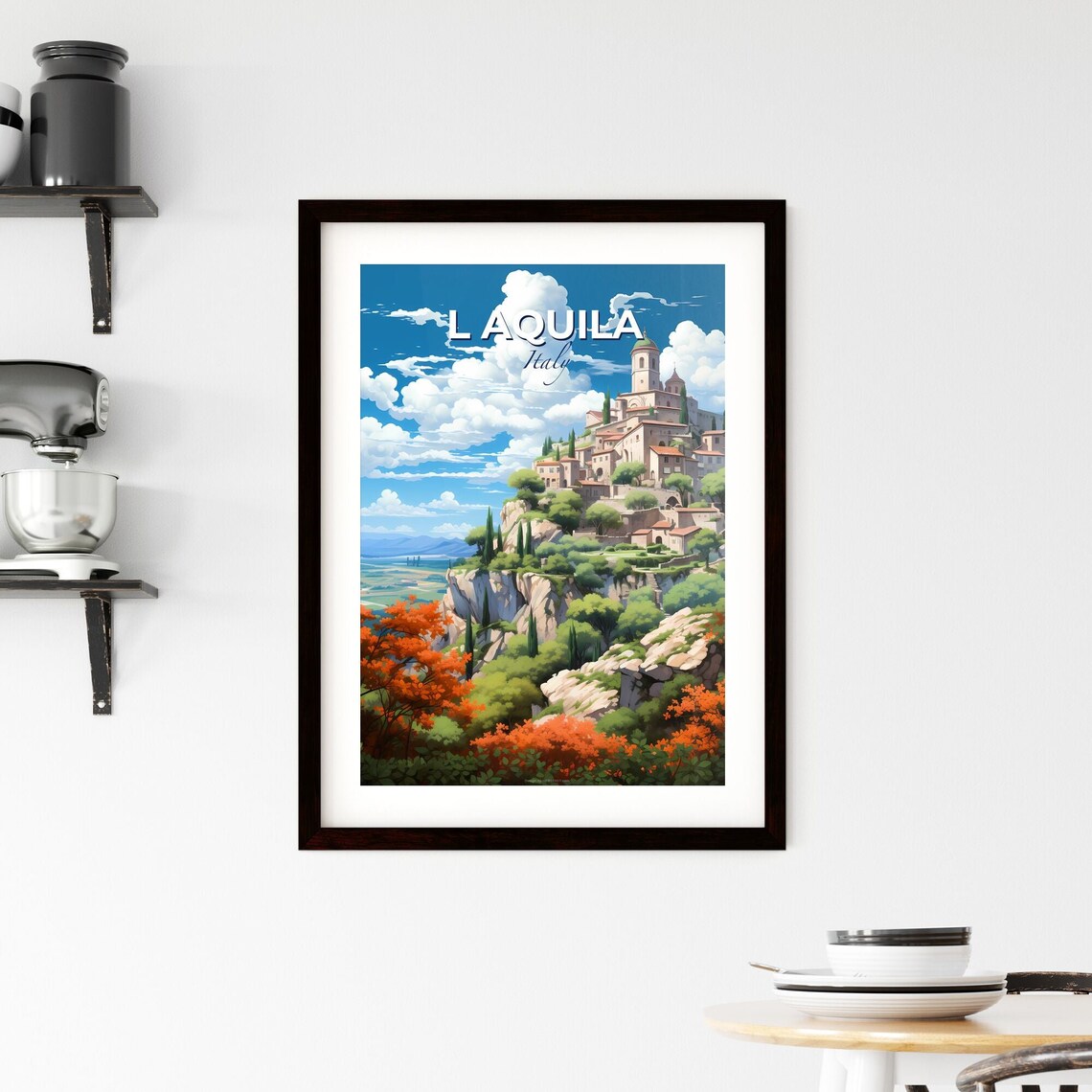 L Aquila Italy Cliffside Hilltop Town Autumn Travel Poster Art - Image 2