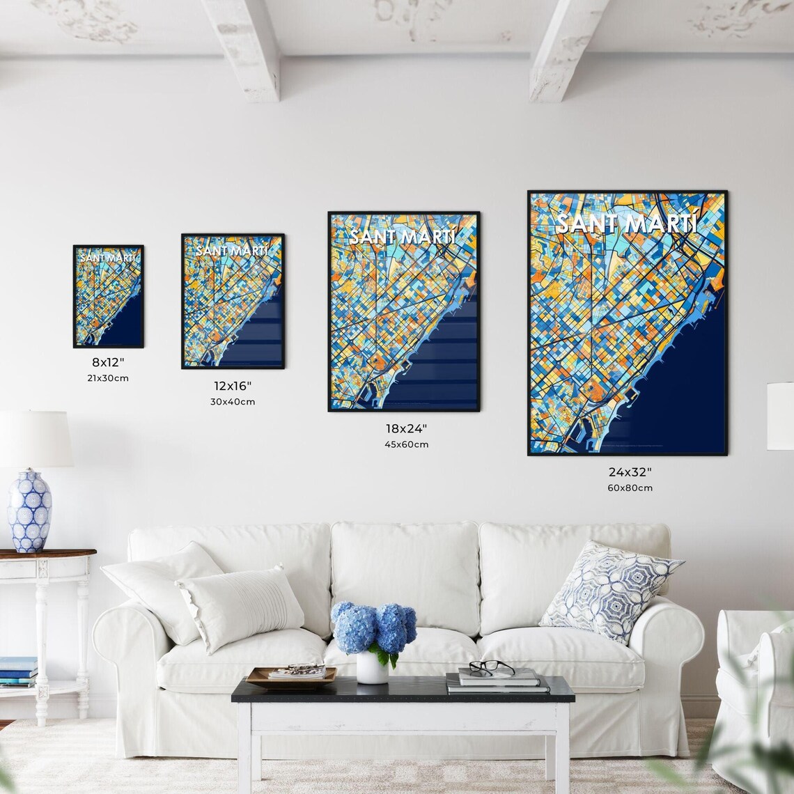 Sant Martí Spain Bold Geometric City Map Art Poster in Blue and Orange - Image 3
