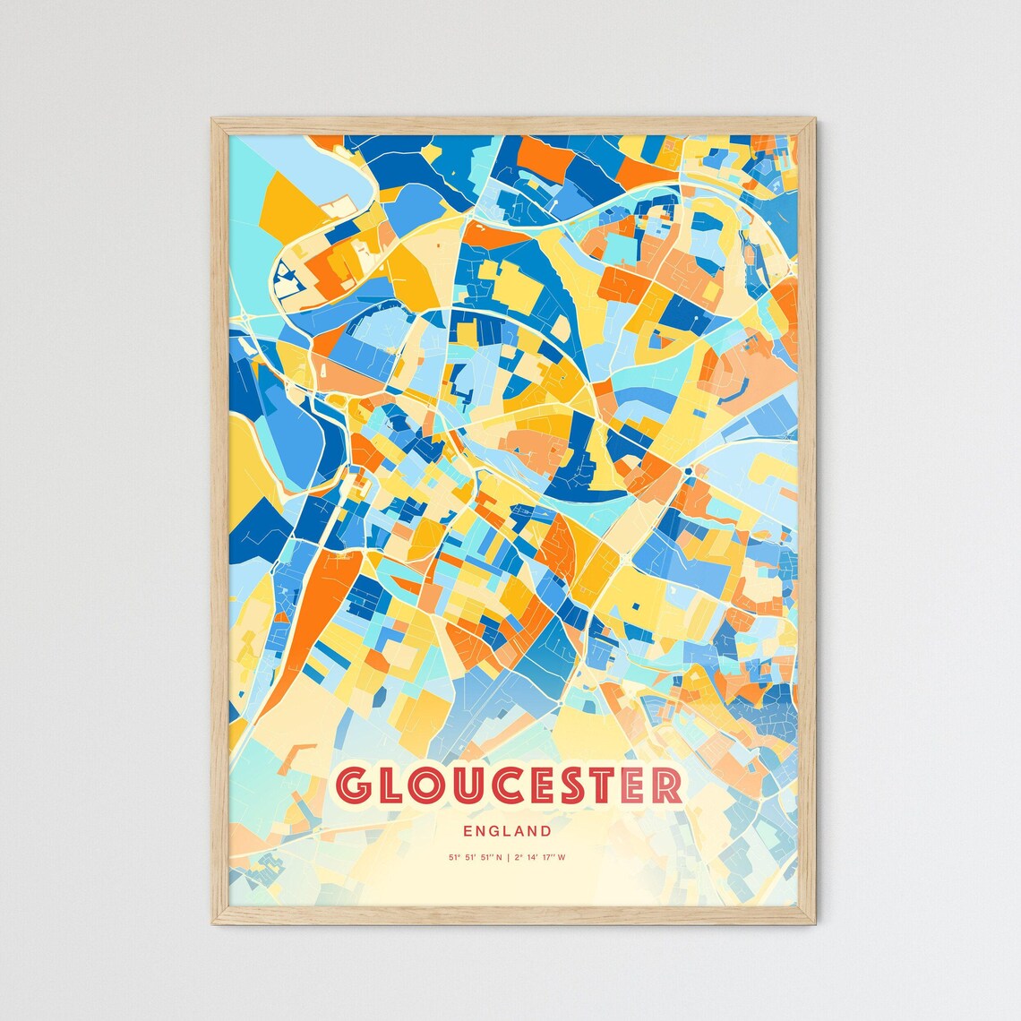 Gloucester England Colorful City Map Art Poster Blue And Orange Design