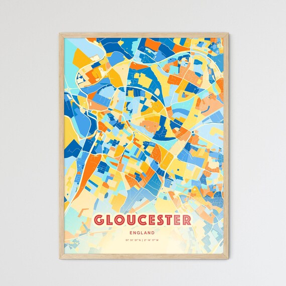 Gloucester England Colorful City Map Art Poster Blue And Orange Design