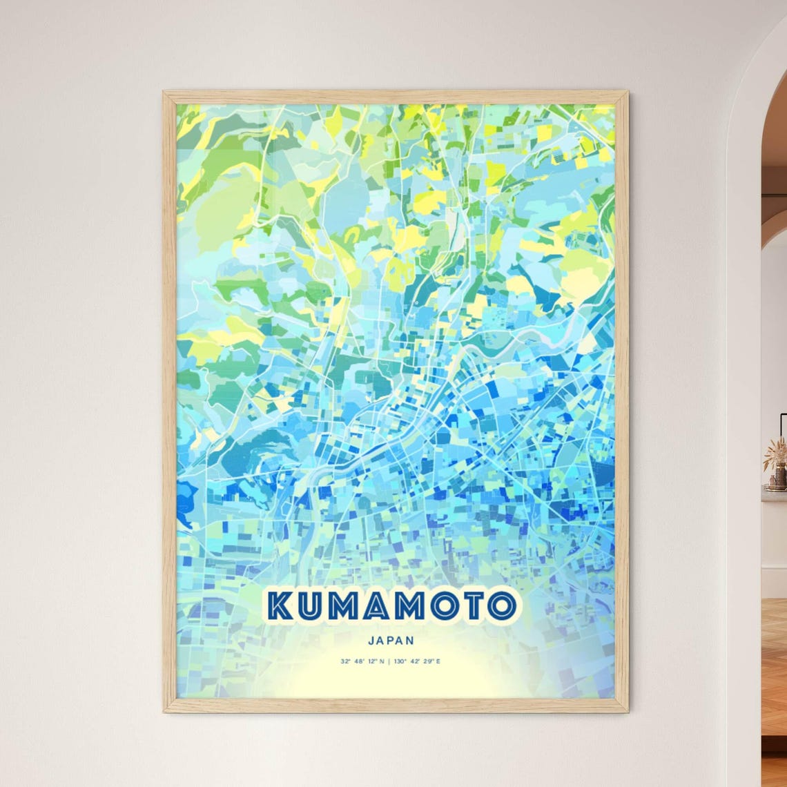 Kumamoto Japan Pastel Blue City Map Art with Coordinates Poster