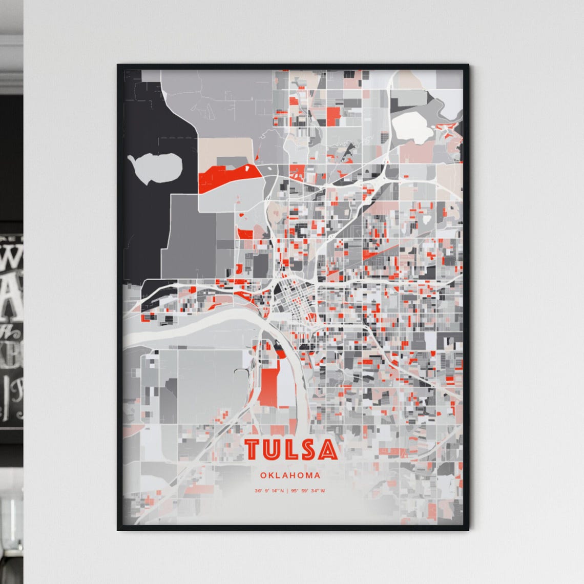 Tulsa Oklahoma Expressive Red and Black City Map Artwork Poster