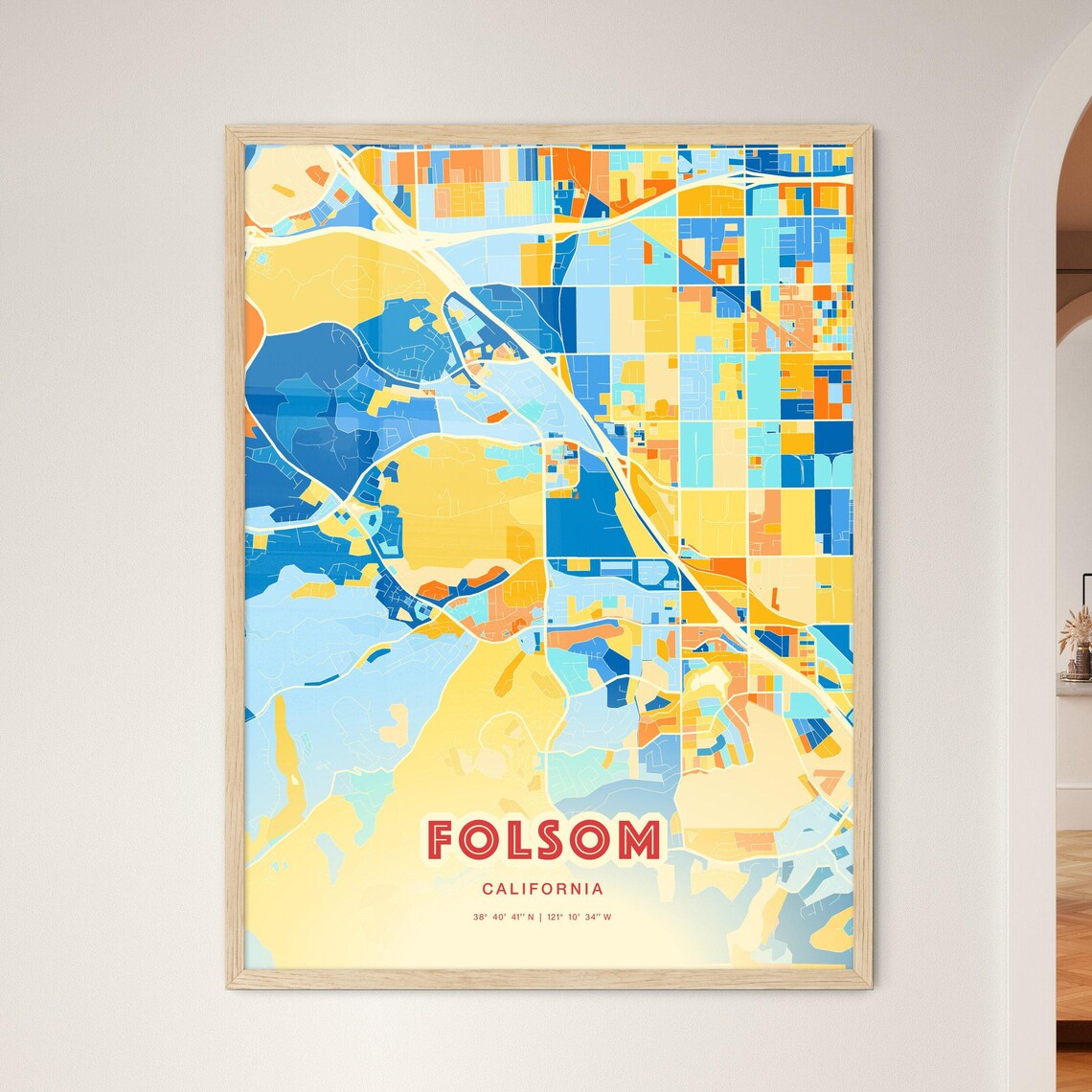 Folsom California Colorful Blue Orange Map Art Poster Wall Decor - Image 3