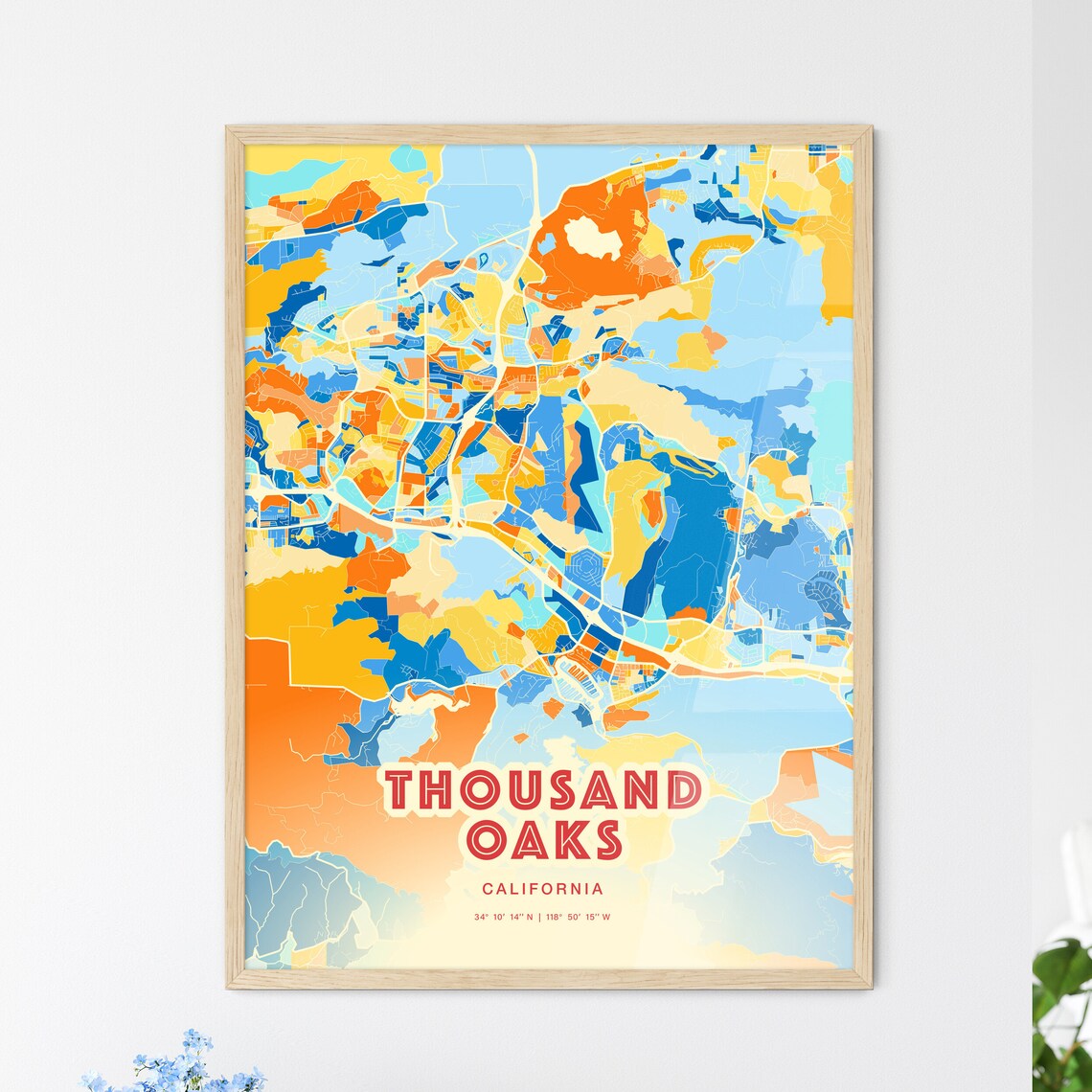 Thousand Oaks California Colorful Blue Orange Abstract City Map Poster