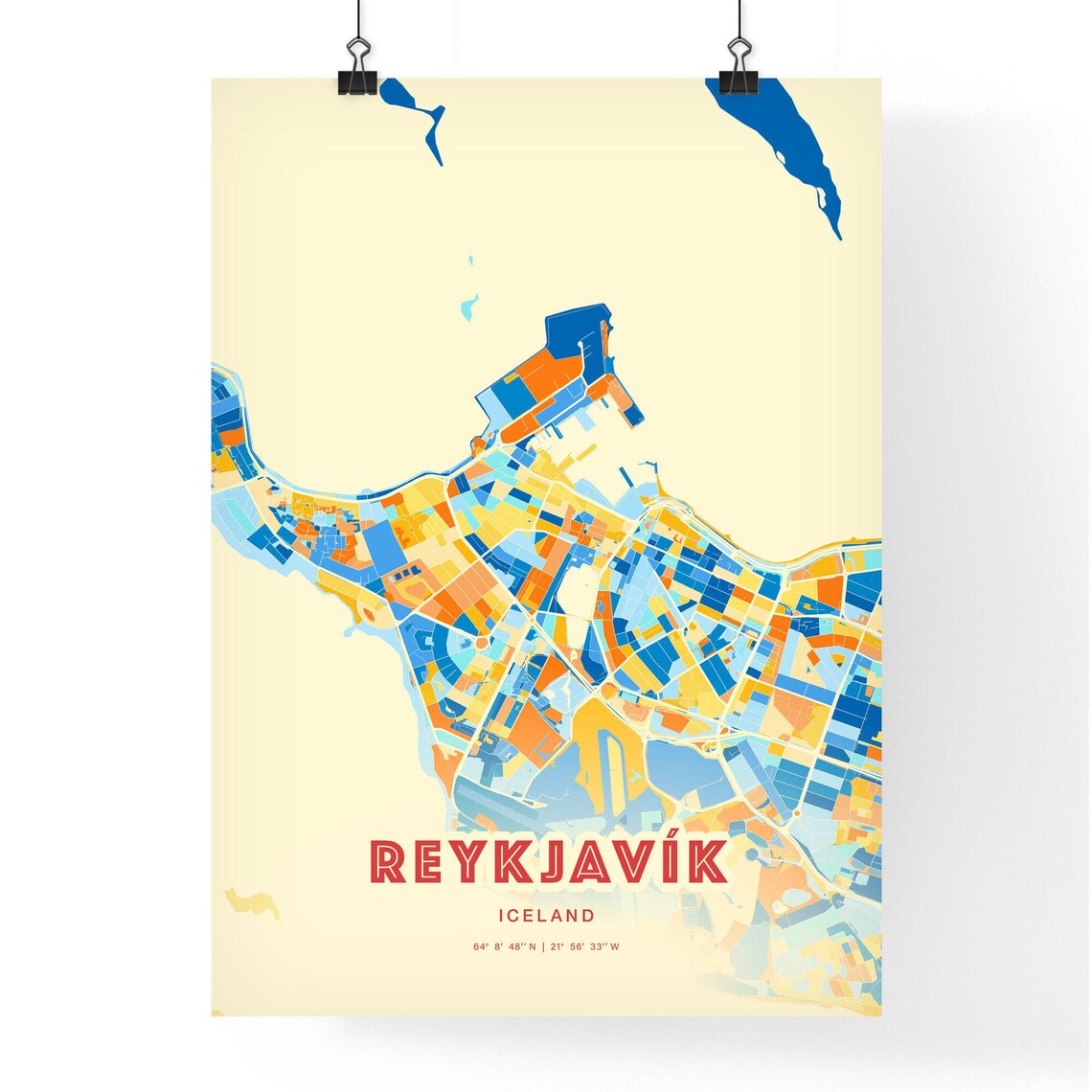 Reykjavik Iceland Modern Colorful City Map Blue Orange Poster - Image 3