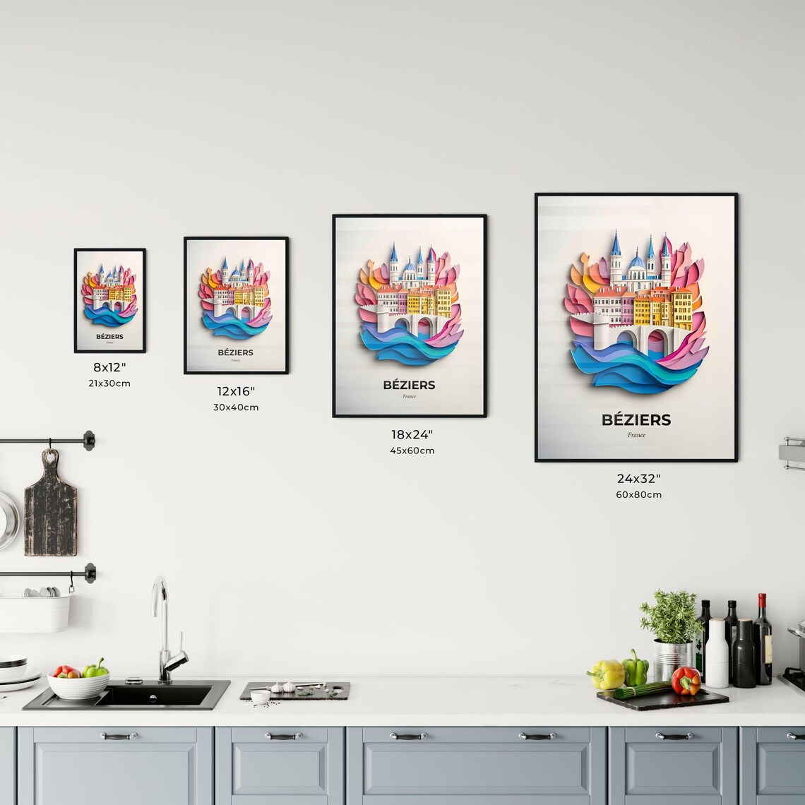 Beziers France Cathedral River Colorful Paper Cut Art Poster - Image 3