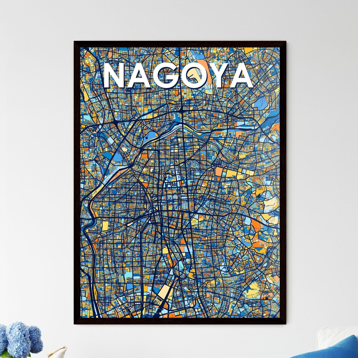 Nagoya Japan Blue Orange City Map Poster Bold Modern Street Grid Art