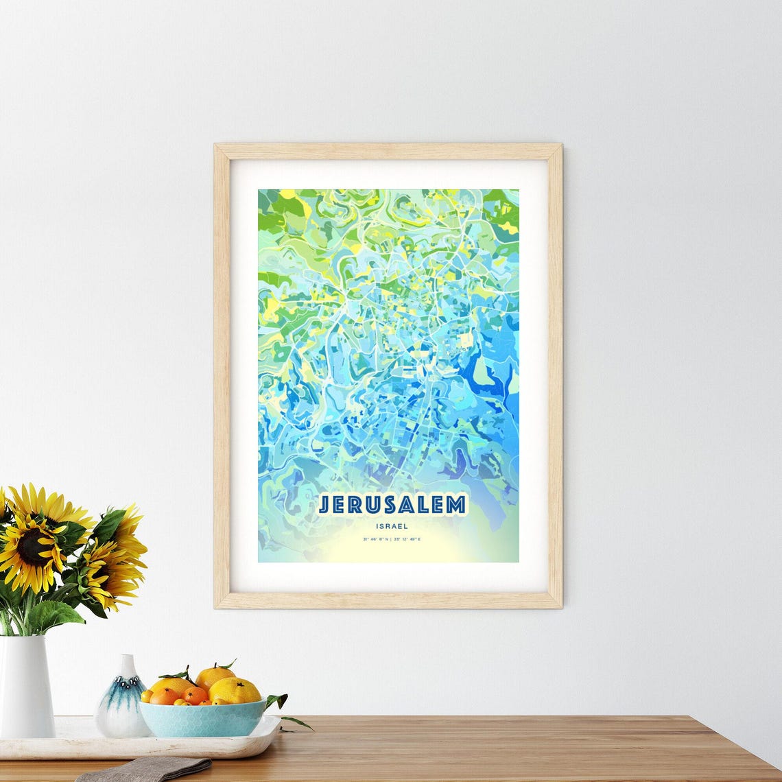 Jerusalem Israel Bluish Green and Blue Street Map City Art Poster - Image 2