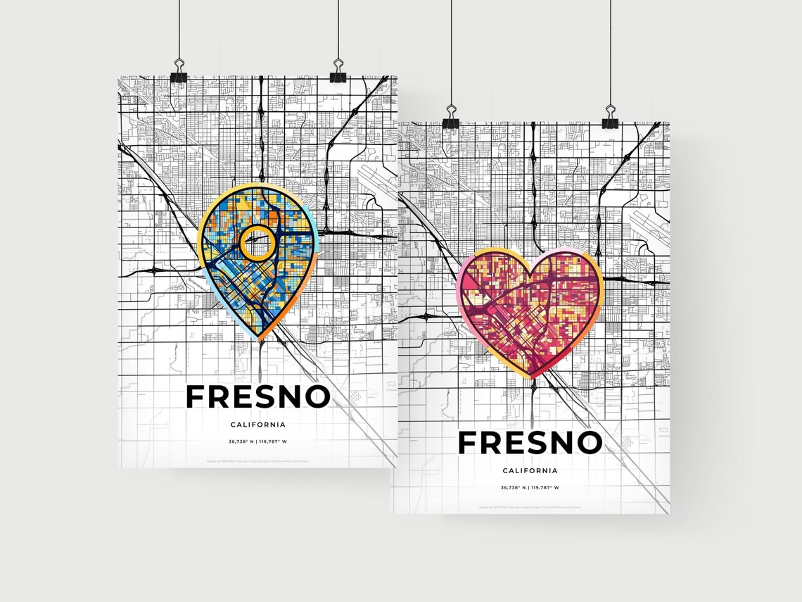 Fresno California Minimal City Map Colorful Heart Icon Art Poster - Image 2