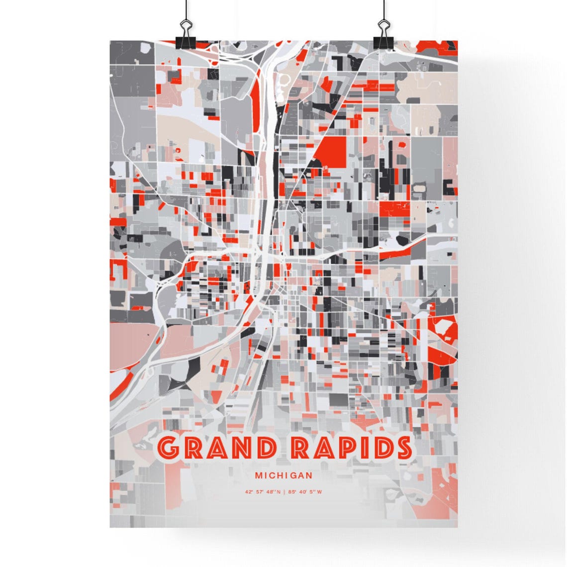 Grand Rapids Michigan Modern Red Expressive City Map Art Poster - Image 3