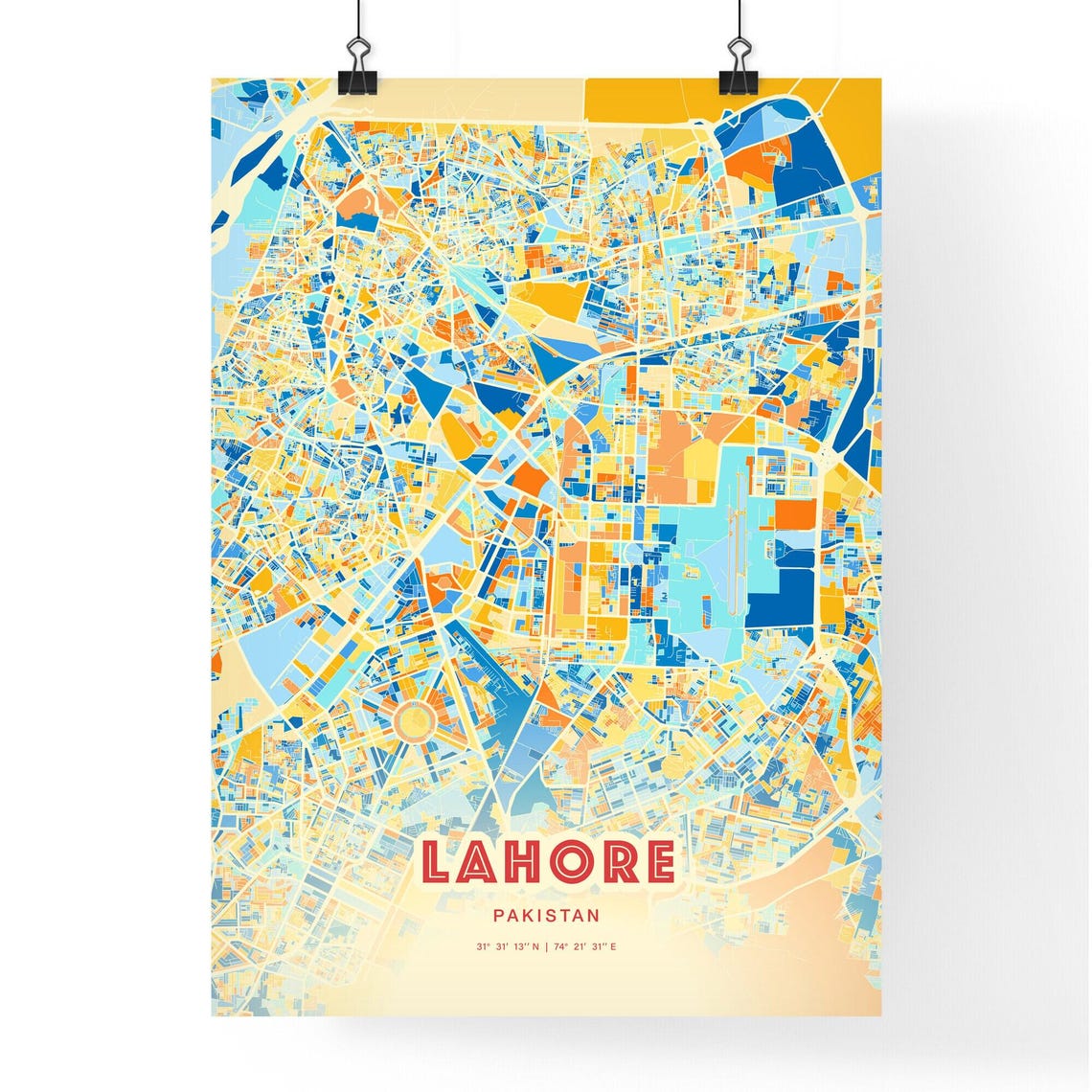 Lahore Pakistan Bold Vibrant Blue and Orange City Map Poster - Image 3