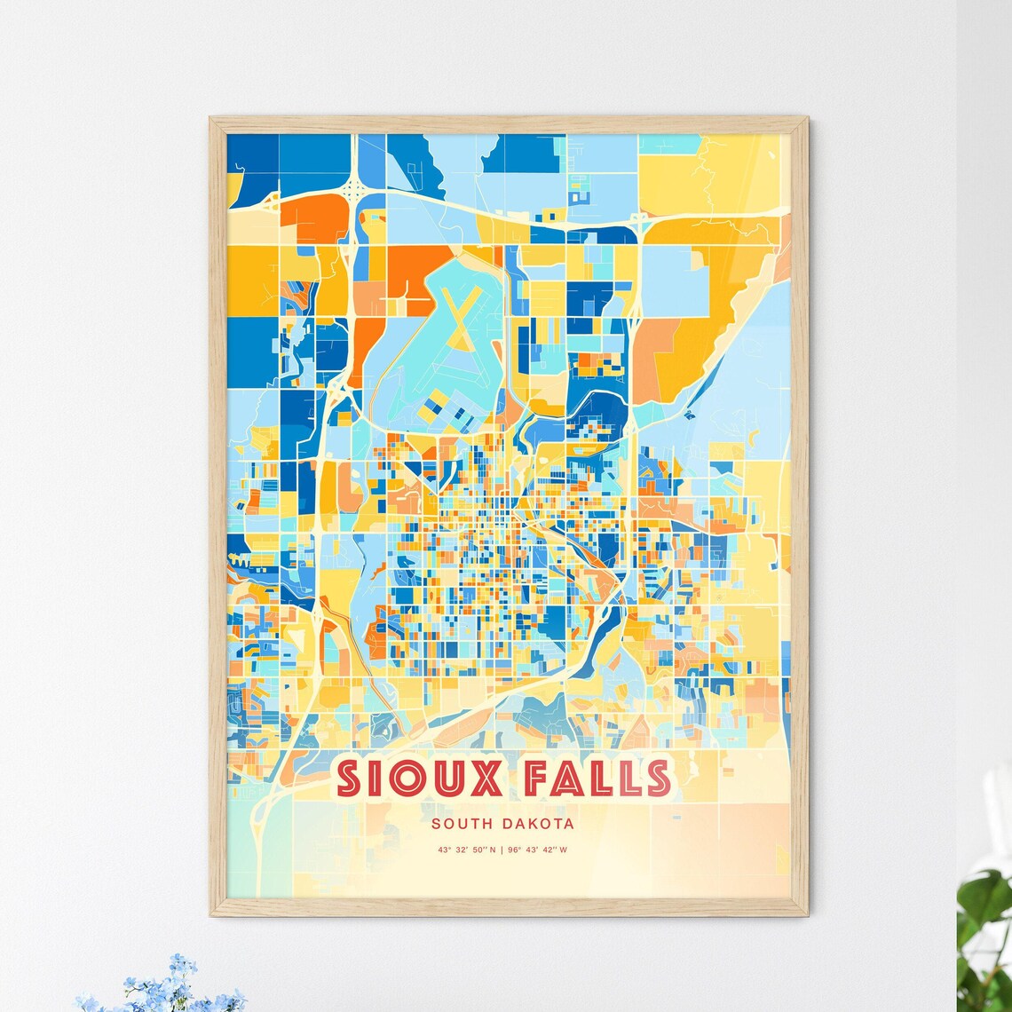 Sioux Falls South Dakota Colorful Blue Orange City Map Art Poster