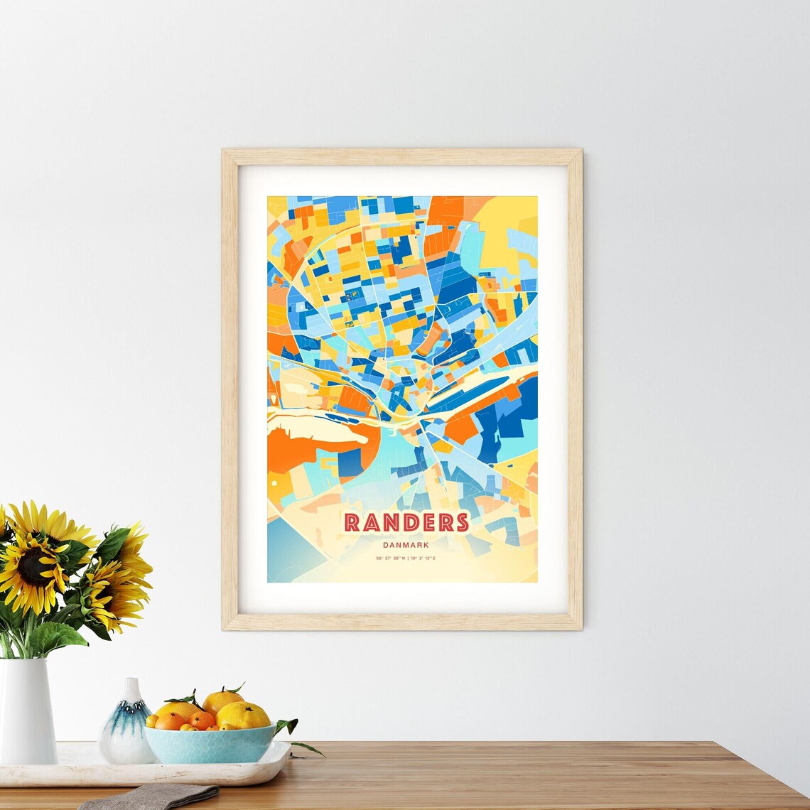 Randers Denmark Vibrant City Map Poster Blue Orange Scandinavian Wall Decor - Image 2