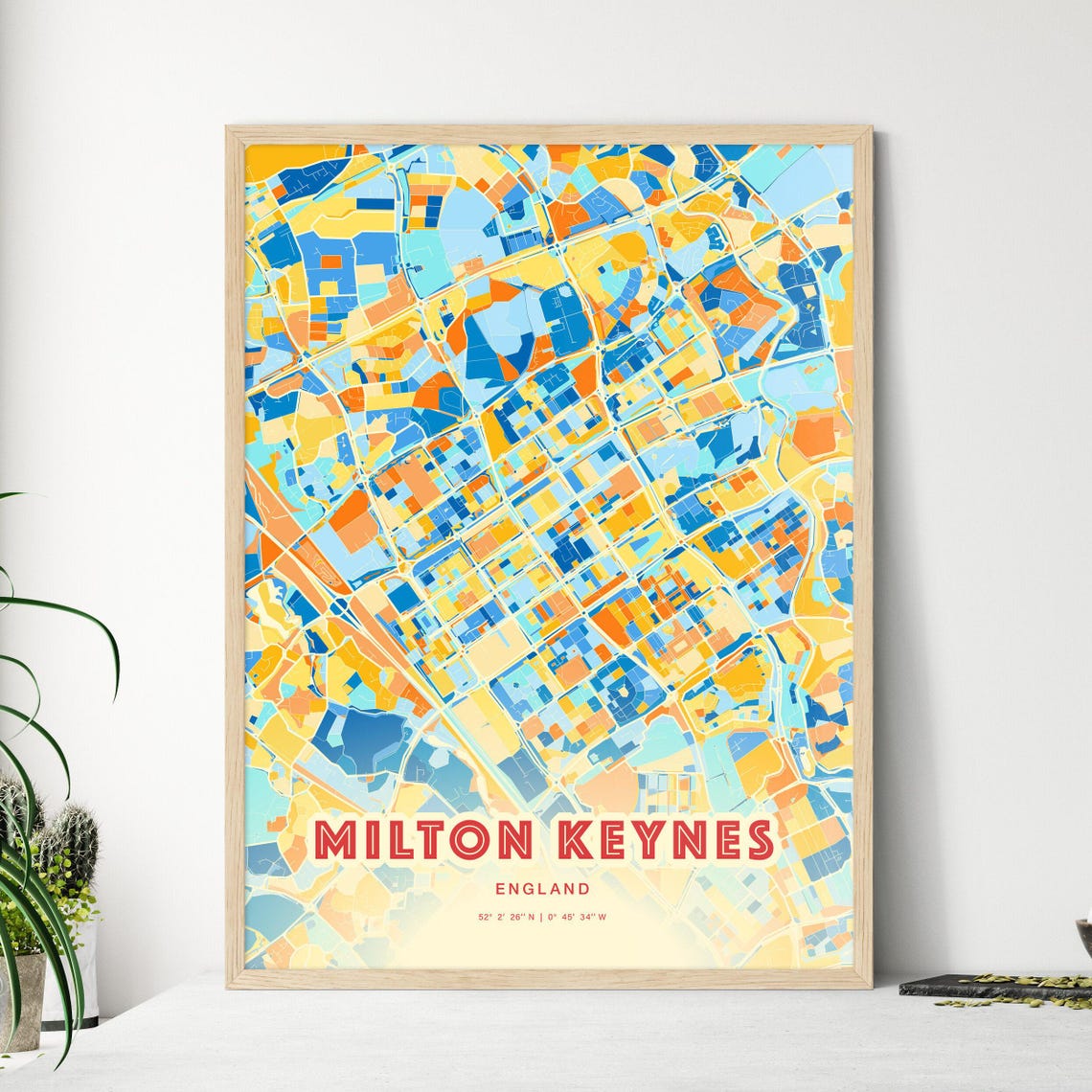 Milton Keynes England Colorful Blue Orange City Street Map Art Poster