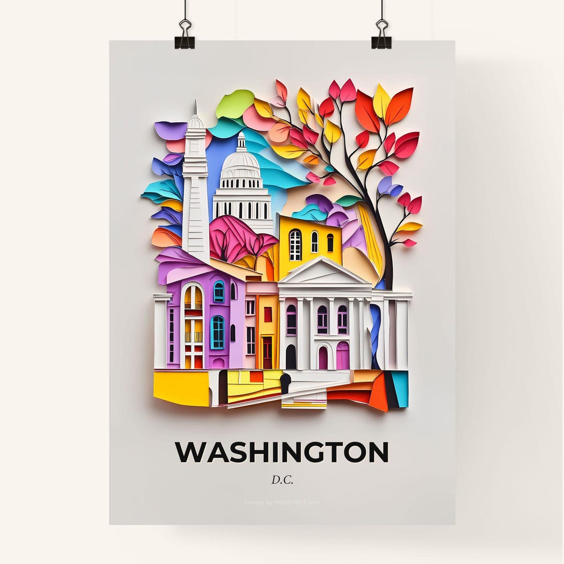 Washington DC Capitol Dome Vivid Autumn Tree Paper Cut Art Poster - Image 4