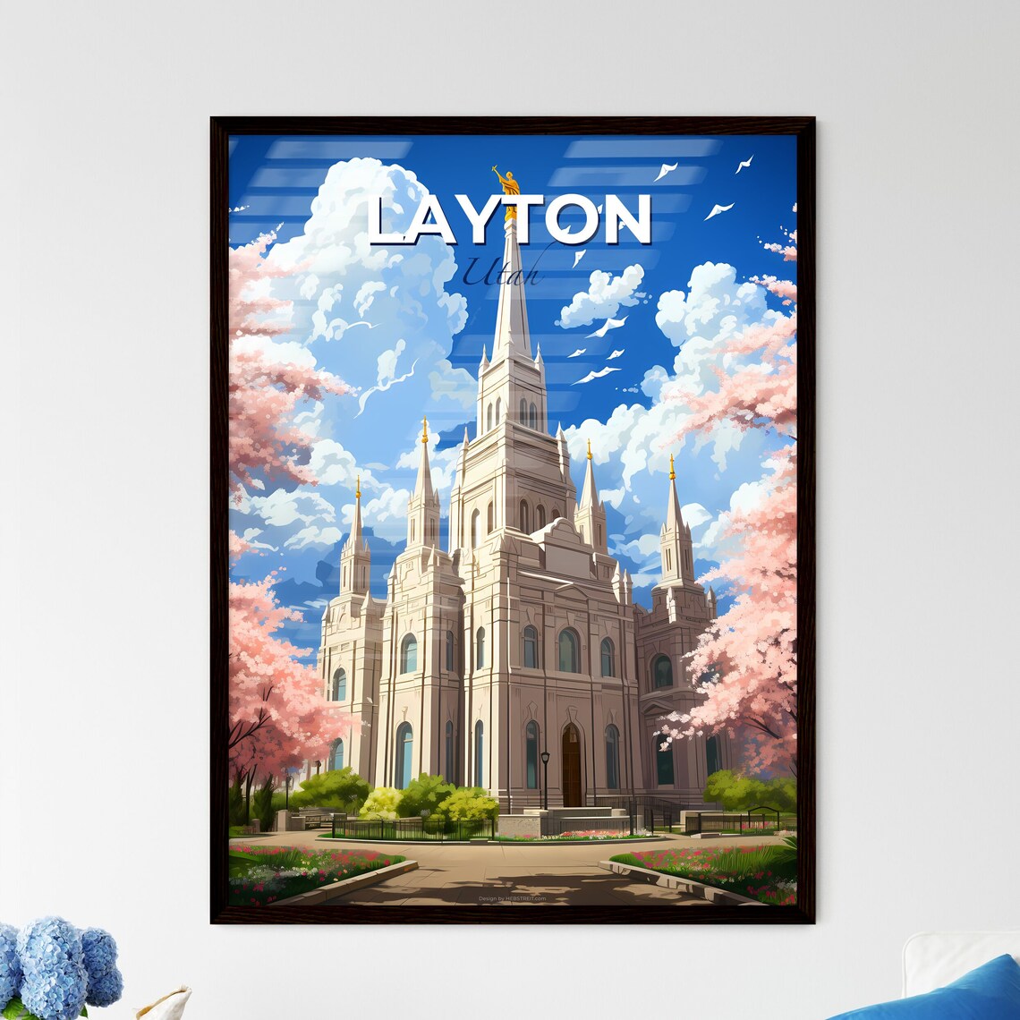 Layton Utah White Temple Spires Cherry Blossom Garden Travel Poster