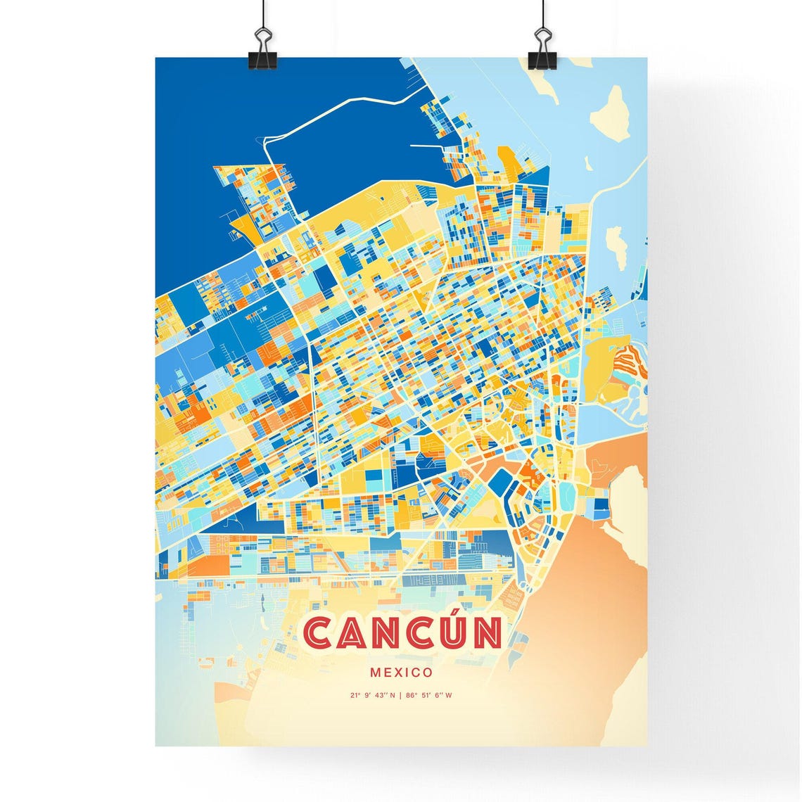 Cancun Mexico Colorful Blue Orange City Street Map Coordinates Poster - Image 3