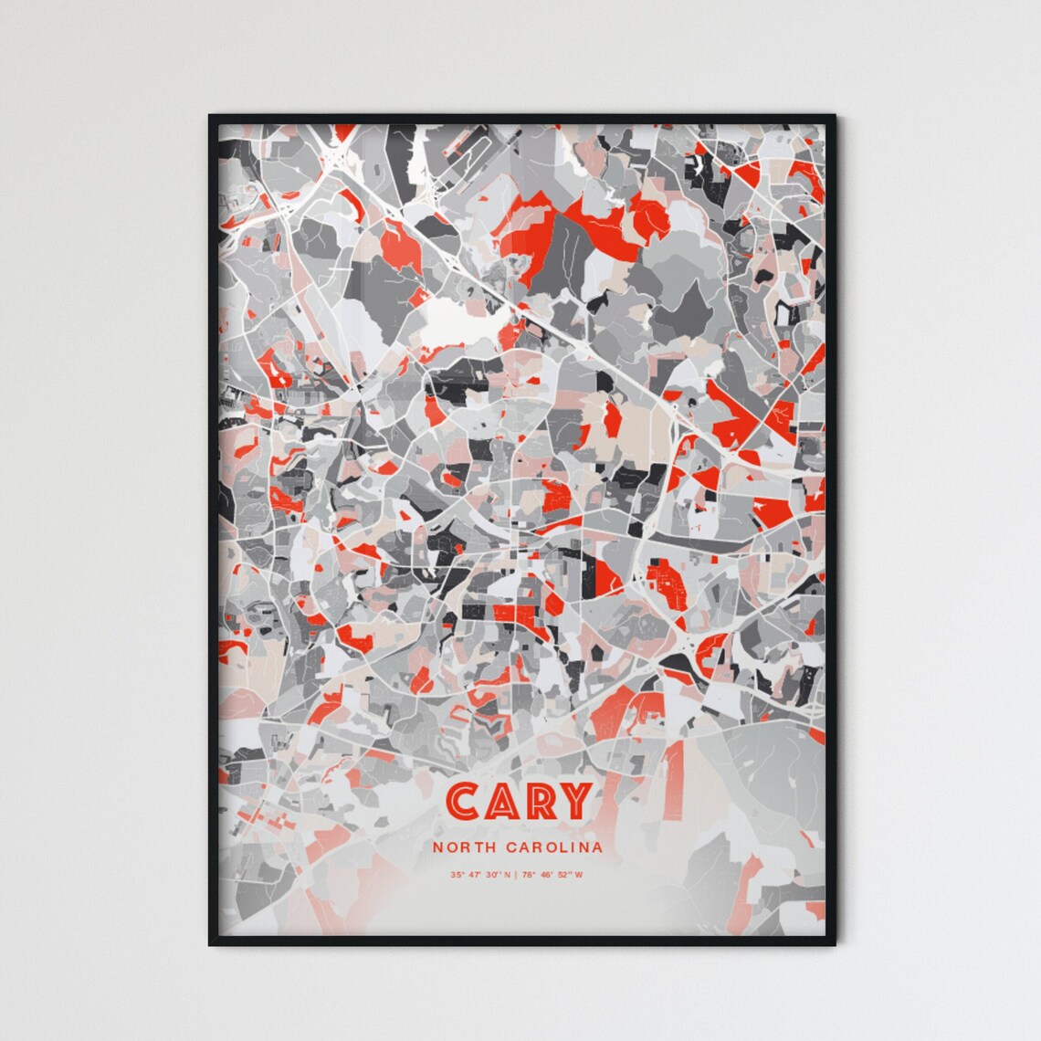 Cary North Carolina Modern Map Art Poster Red Gray Expressive Street Style