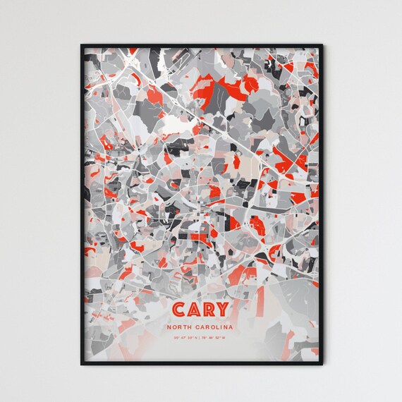 Cary North Carolina Modern Map Art Poster Red Gray Expressive Street Style