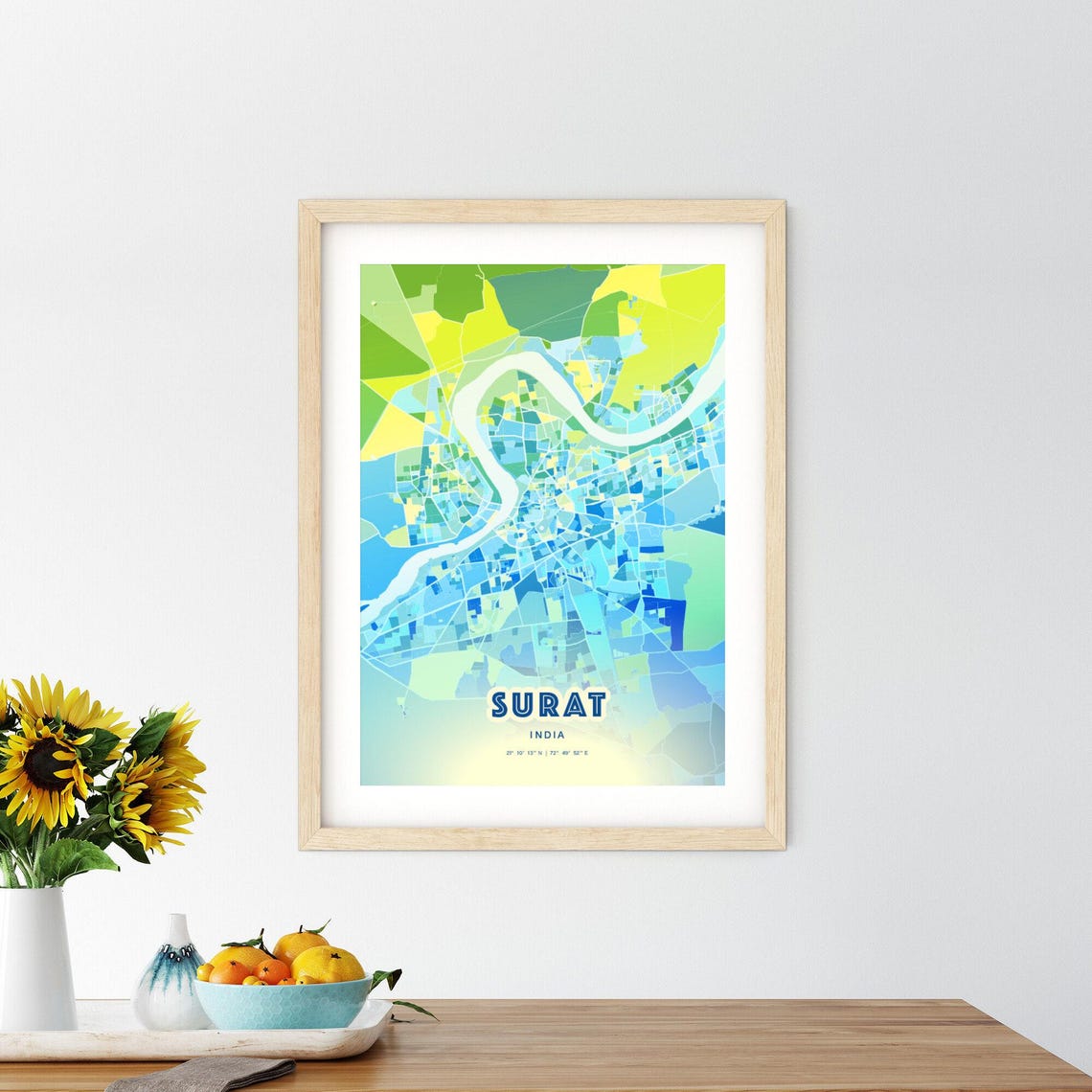 Surat India Pastel Blue City Map Art with Coordinates Poster - Image 2