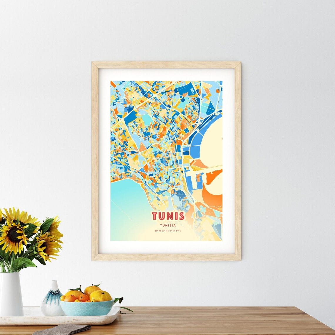 Tunis Tunisia Blue Orange City Map With Coordinates Art Poster - Image 2