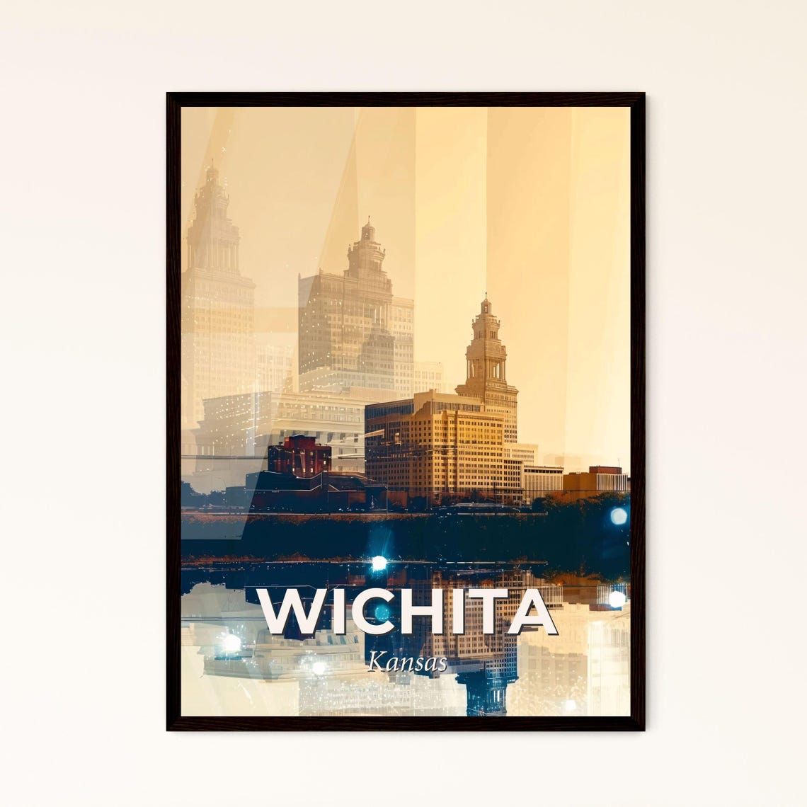 Wichita Kansas Golden Sepia Skyline River Reflection Art Poster