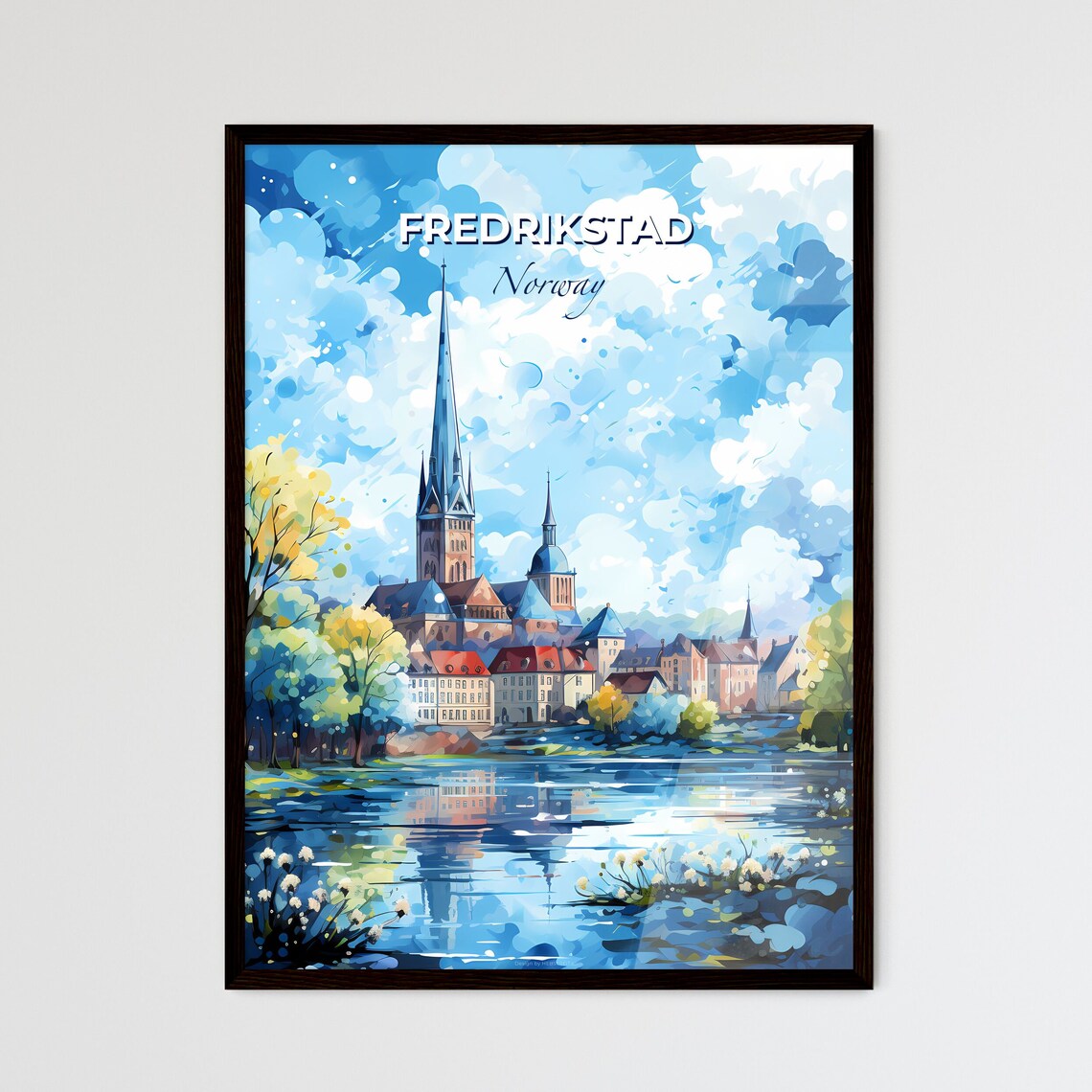 Fredrikstad Norway Watercolor Cathedral Lakeside Travel Poster
