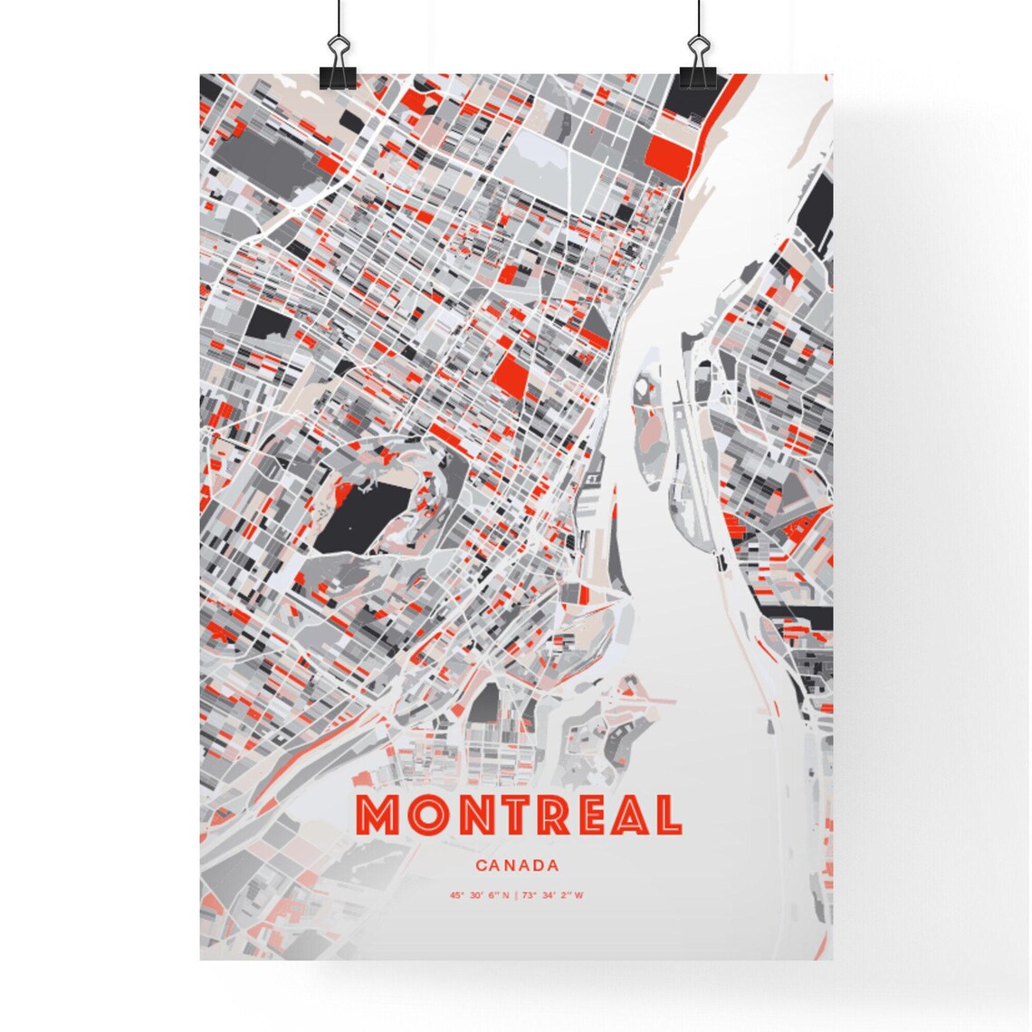 Montreal Canada Modern Red Gray Expressive City Map Poster Customizable - Image 3